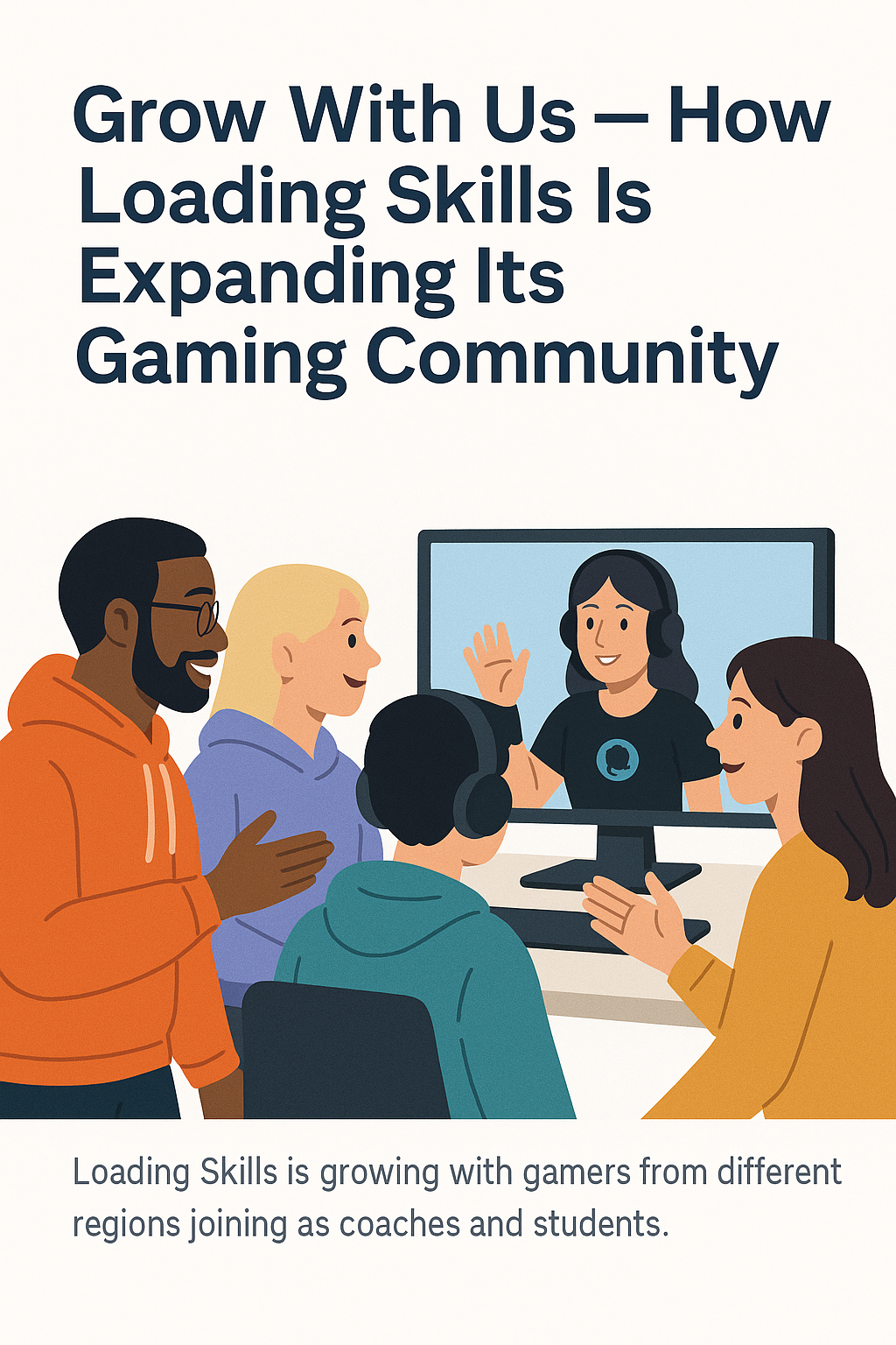 Gamers teaming up and leveling together in neon style - Loading Skills